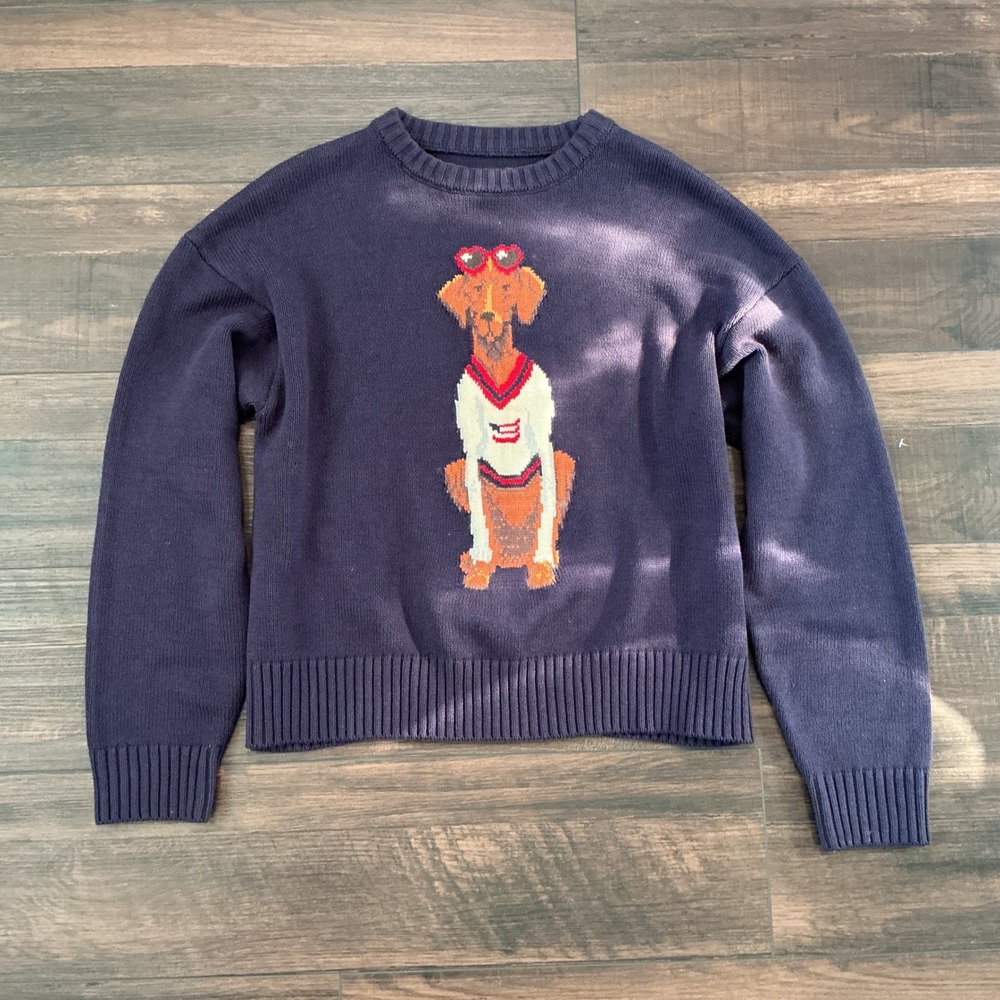 Porridge Dog Graphic Intarsia Knit Sweater Navy Blue Preppy Pullover Small S